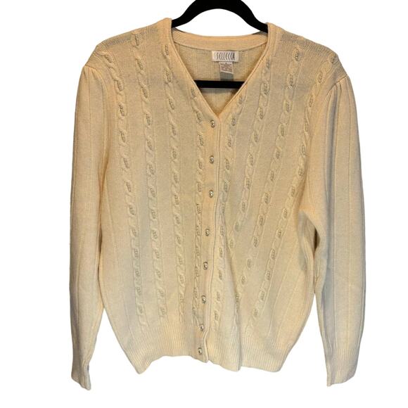 Vintage Sellecca Cream Wool Cable Knit & Pearl Accent Cardigan Sweater - size S - Picture 1 of 5